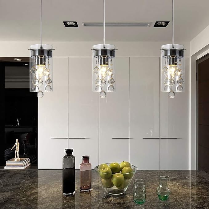 Crystal Pendant Light,Modern Kitchen Island Pendant,3 Pack Pendant Lights for Kitchen Island,Adjustable Chrome Pendant Light for Kitchen Dining Room Bedroom