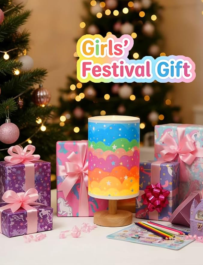 Kids Table Lamp for Bedroom, Rainbow Lamp, 3 Level Dimmable Wood Nightstand Desk Base Flaxen Fabric Shade for Bedroom Living Room,Rainbow Lamp Gifts for Girls (Colorful)