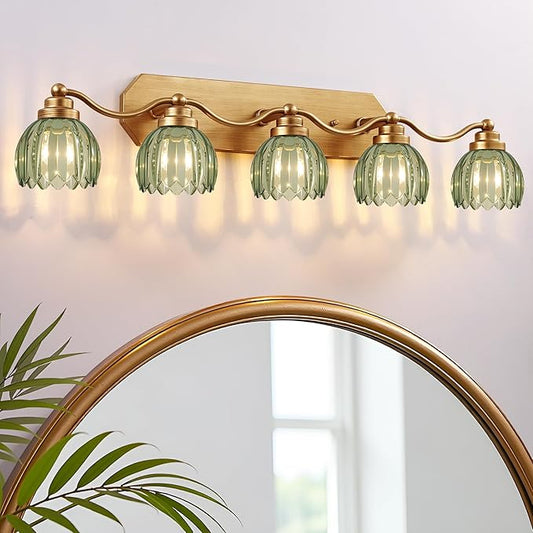 Vintage Bathroom Light Fixtures, Bathroom Lighting Fixtures Over Mirror, Gold Matte Antique Brass Finish with Green Crystal Glass Shade, Wall Sconces Lighting for Bedroom, Living Room (Green, 5-Light)