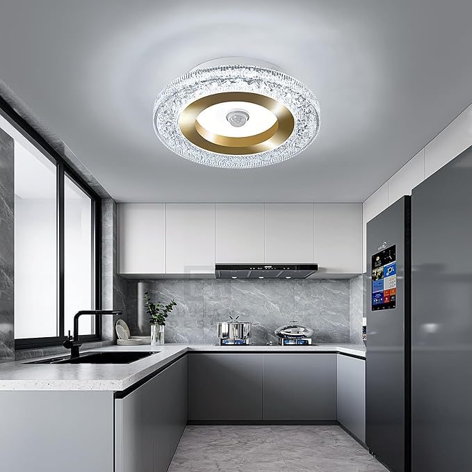 UOFUS 7.84inch Mini Motion Sensor LED Ceiling Light Indoor Wired Gold Flush Mount Light Fixture 6400K Motion Activated Light for Closet Hallway Laundry Stairs Shower Porch Garage Basement