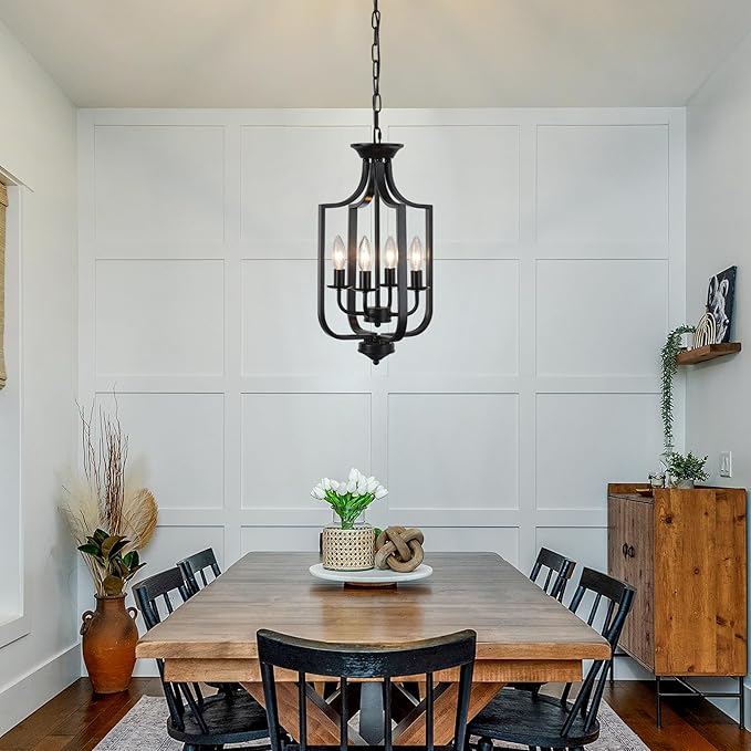 10.63" Black Chandelier 4-Lights Modern Farmhouse Lantern Chandeliers for Dining Room Rustic Metal Cage Industrial Vintage Adjustable Pendant Light Fixture for Foyer Kitchen Entryway Hallway E12