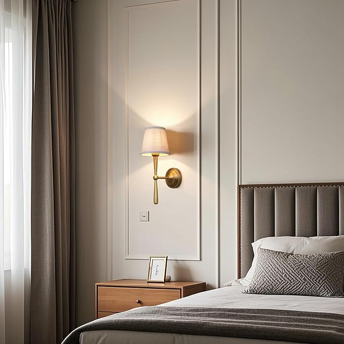 Sconces Wall Lighting Set of Two with Boho Linen Fabric Shade, E26 Aged Brass Vanity Bathroom Wall Lamps, Hardwired Indoor Wall Lights for Living Room Bedside Nightstand Light