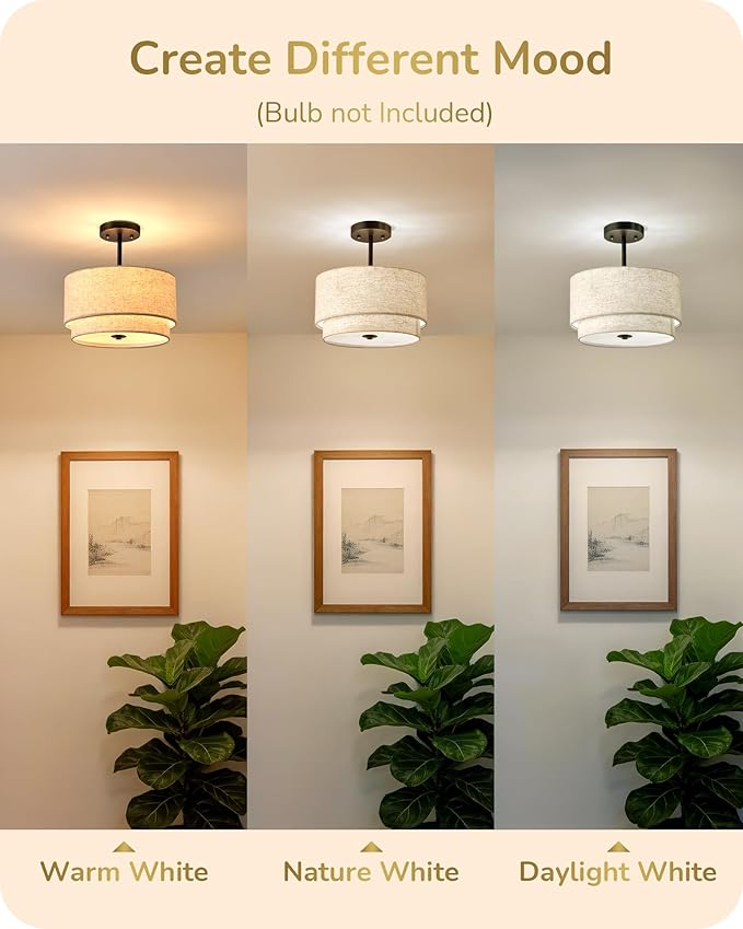 EDISHINE 12.6" Semi Flush Mount Ceiling Light, 3-Light Close to Ceiling Light Fixtures with Double Drum Linen Fabric Shade, Hallway Lights Fixtures for Living Room Entryway Kitchen, Matte Black