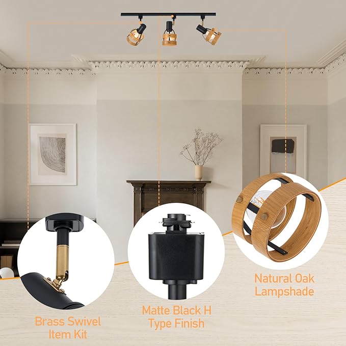 Adjustable Modern H-Type Track Lighting Heads, Farmhouse 3-Pack Real Pecan Wood and Brass Accent, Retail Display, Gallery Walls, E26 Base
