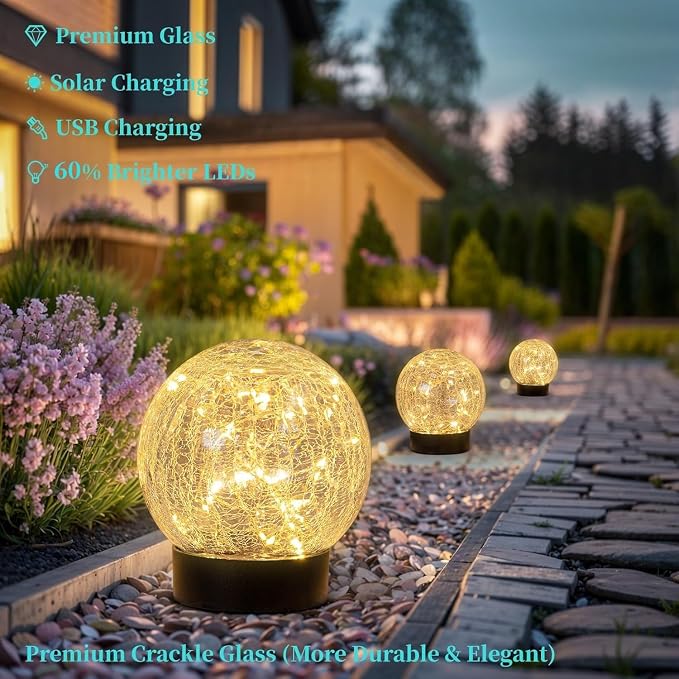 Beautyard Solar Globe Lights Outdoor Large Garden Decor USB Charged 4.72" Diameter 40LED 1000mAh Solar Lights Cracked Glass Globe Solar Power Yard Patio Garden (4.72'' Large 2 Pack Warm White)
