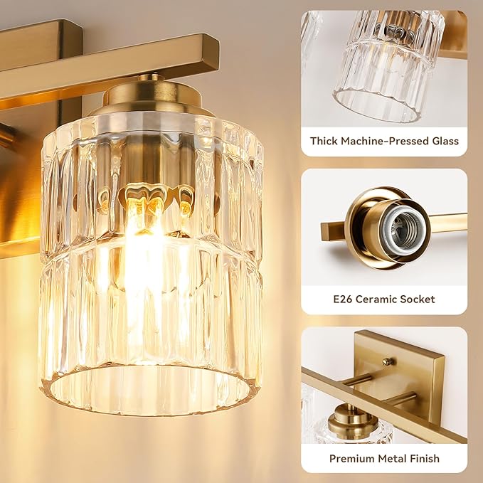 TALOYA 27 Inch Bathroom Light Fixtures,Modern 4-Light Brushed Gold Vanity Lights with Wide Vertical Ribbed Thickened Glass Shade Wall Sconces for Mirror Makeup Room Hallway（Bulbs Not Included）