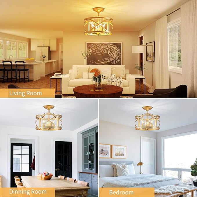 LOOYD Semi Flush Mount Ceiling Light Fixture Vintage Ceiling Light Farmhouse Ceiling Light Metal Cage Ceiling Lamp for Kitchen Dining Room Hallwa Bedroom Living Room (Gold)
