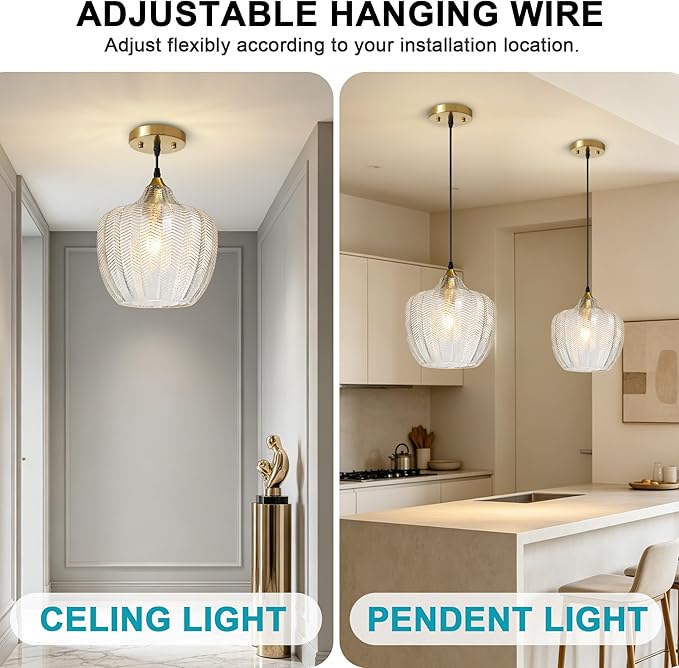 Modern Gold Pendant Light 2 Pack, Clear Glass Kitchen Island Pendant Light Fixture Adjustable Vintage Hanging Ceiling Light for Dining Room Corridor Bedroom 9.45 inch, UL Certification