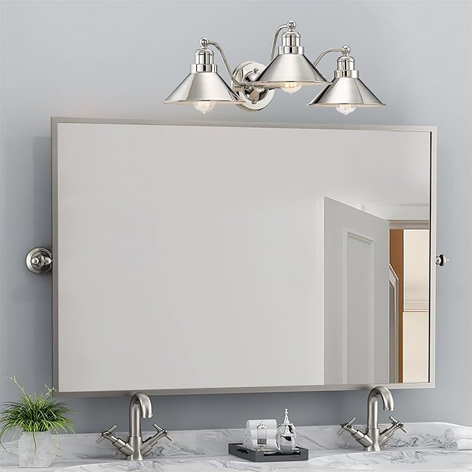 Kira Home Welton 25.5" 3-Light Modern Farmhouse Vanity Light with Funnel Shades, Industrial Wall Sconce Bathroom Light, Polished Nickel Finish