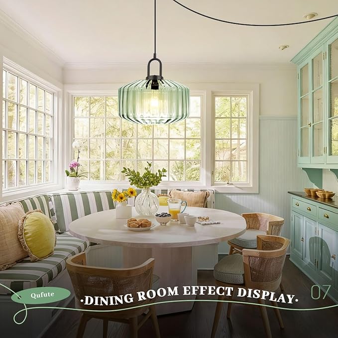Light Green Hanging Lamp Plug-in Pendant Lights Vintage Pendant Lamps with 14.7 ft Cord Modern Glass Hanging Light Plug in Chandelier Lighting Large Striped Shade Mid Century Swag Lamp