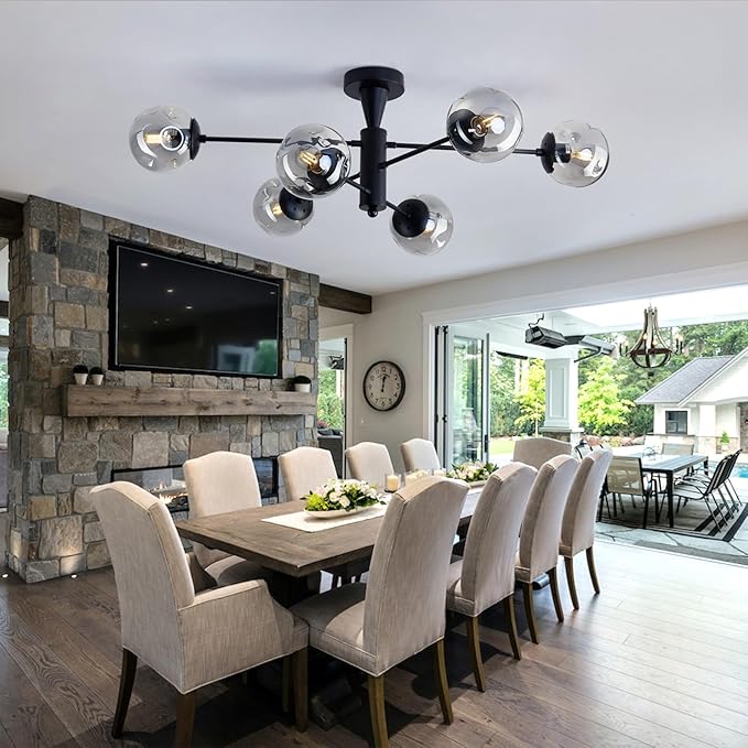hesoge Modern Sputnik Ceiling Lights Black Semi Flush Mount Ceiling Fixture with Glass Globes 6 Light Chandelier for Dining Room Bedroom Living Room Kitchen Farmhouse.