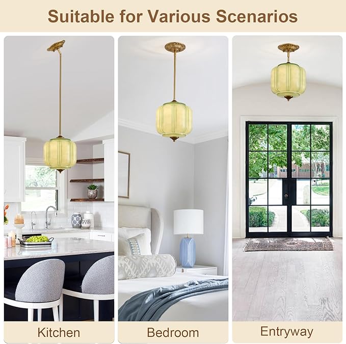 9.8" Milk Glass Pendant Light Fixture Modern Chandelier Vintage Semi Flush Mount Ceiling Light Height Adjustable Green Hanging 1-Light for Kitchen, Hallway, Bedroom, Dining Room