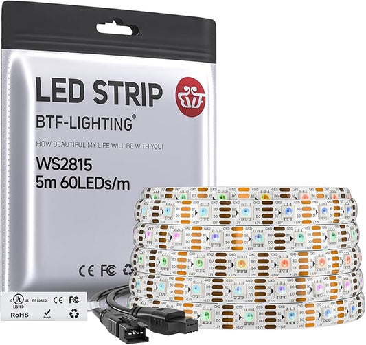BTF-LIGHTING WS2815 (Upgraded WS2812B) LED Strip Light,UL Listed,16.4FT 300 LED/Pixels,Flexible Chasing RGB,Dual Signal Individually Addressable,5050SMD,3M Tape,DC12V IP65(No Adapter or Controller)