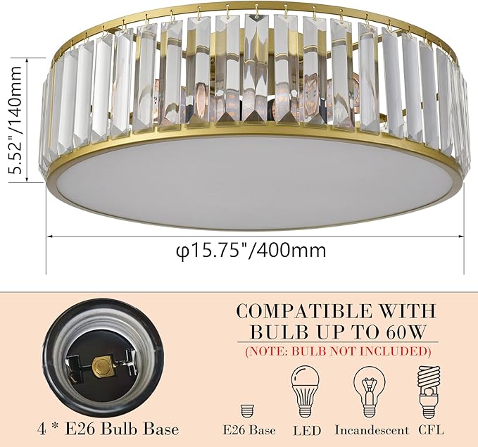 Gold Flush Mount Ceiling Light Crystal Ceiling Light Fixtures Modern 4-Light Drum Shade Flush Mount Crystal Ceiling Lighting for Living Room Bedroom, 16-Inch