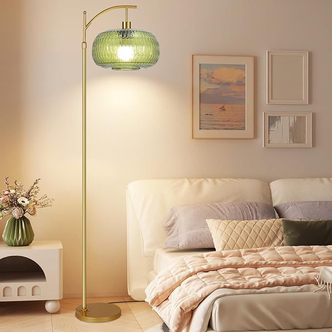 QIYIZM Green Floor Lamp for Living Room,Bedroom,Gold Dimmable Standing Lamp with Remote,Mid Century Modern Brass Tall Lamp Boho Floor Lamps Arc Stained Glass Floor Light Lamp Girls Bohemian