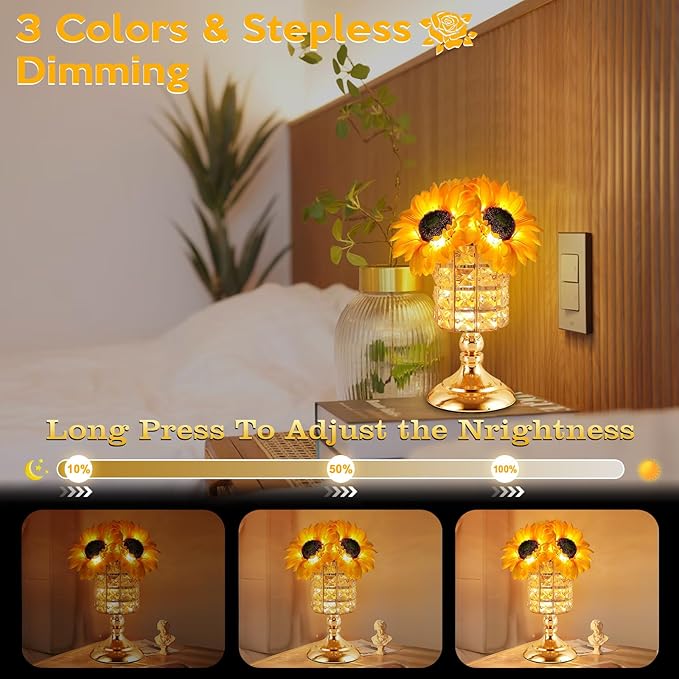 Sunflower Table Lamps for Women-Sunflower Flower Touch Lamp with 3-Color Infinitely Dimming,10+ Hours Runtime-Ideal Gift for Mom,Flower Decor for Bedroom and Office,USB Charge,IP44 Waterproof