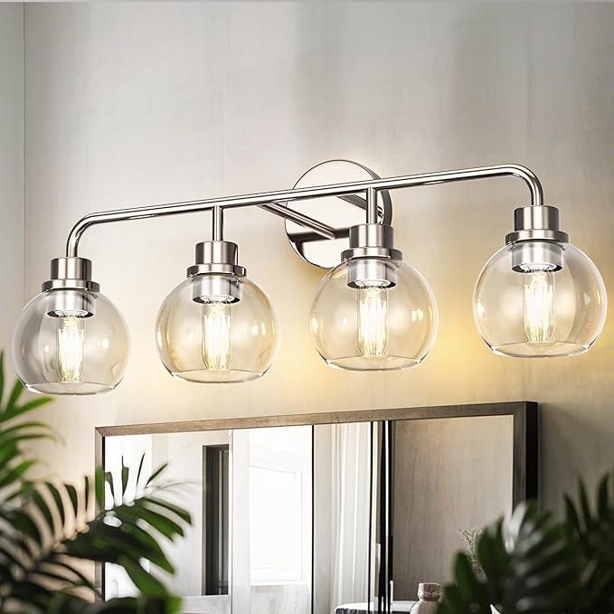 DORESshop Built to Last 20 Years Bathroom Light Fixtures, 4-Light Vanity Lights Over Mirror, Nickel Wall Lamp with Clear Glass for Living Room Decor Bedroom Porch Cabinet