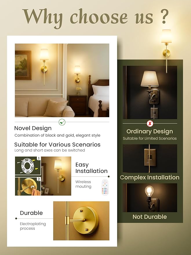 Battery Operated Wall Sconces Set of 2, Bronze Cordless Wall Lights with Rechargeable Magnetic Bulbs and Remote, Dimmable & 15 RGB Colors Wall Lamps for Bedroom Living Room Hallway 23Inch