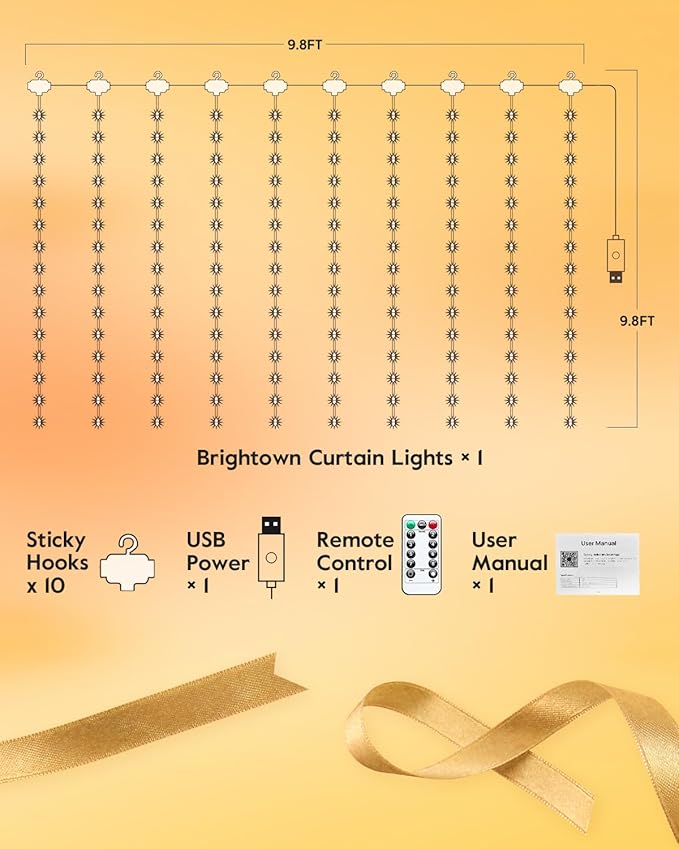 Smart Curtain Lights, USB Plug in, 9.8ft 300 LED Window Smart String Light with APP and Remote, 8 Modes, Waterproof Fairy Lights for Bedroom, Indoor, Weddings, Party, Christmas Ramadan Decorations