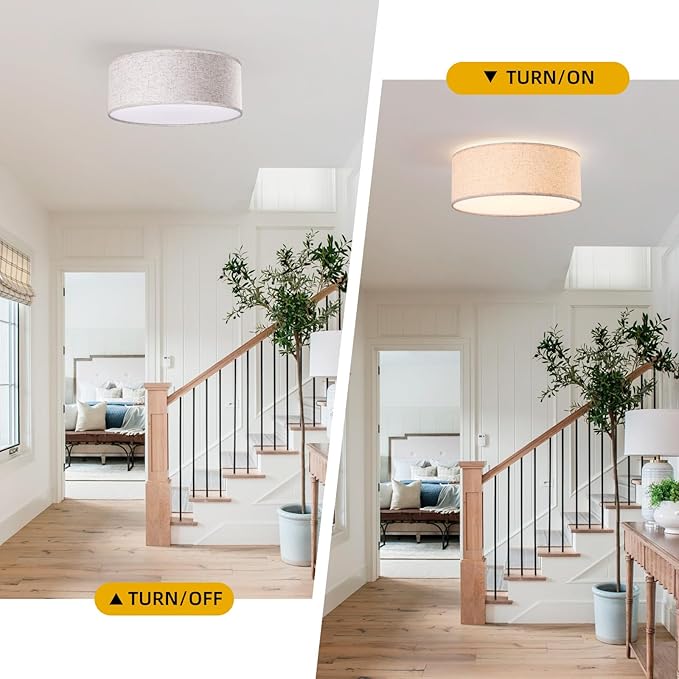 15.7-inch Modern Ceiling Light with Natural Linen Shade, Three-Light recessed Drum Fixture, UL-Certified for bedrooms, Kitchens, Living Rooms, hallways, and porches.