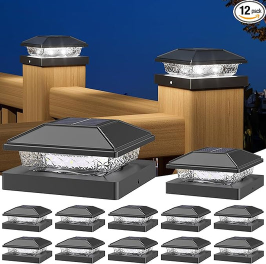NIORSUN Solar Post Lights Outdoor, Fence Post Solar Lights Cool White, Waterproof, Garden Patio Fence Deck Decor, 4x4 Posts Cap Wood Vinyl, Black 12 Pack