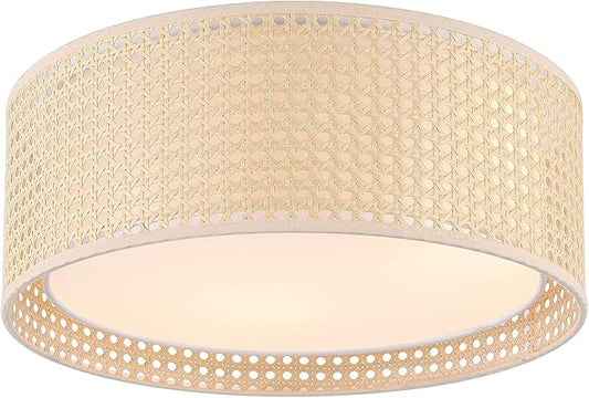 WINGBO 15.7" Modern 3-Light Flush Mount Ceiling Light Fixture with Rattan & Fabric Double Drum Shade for Bedroom Living Room Dining Room Hallway Entryway, Khaki