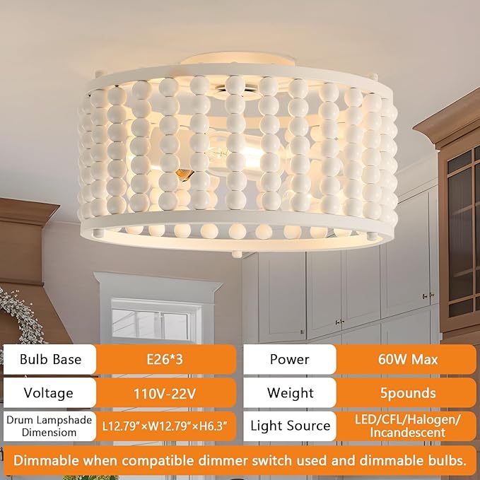 Luupyia White Beaded Boho Ceiling Light 3Lights, 12.79inches Wooden Bead Ceiling Light Fixture Mini Bohemian Chandelier Coastal Semi Flush Mount Overhead Lighting for Bedroom Hallway, E26