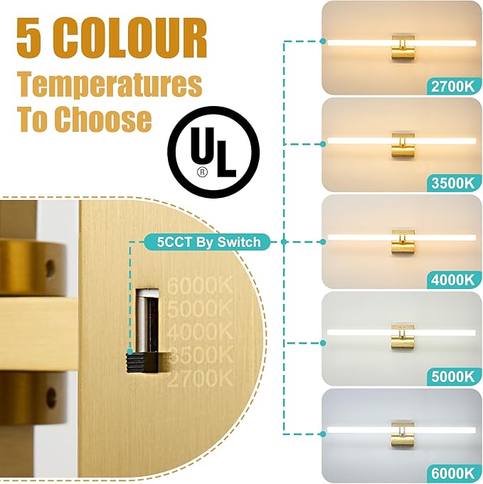 Bathroom Light Fixtures,Gold 28W LED 360° Full Lighting Modern Wall Sconce Vanity Light with 5-Color Dimmable 3000K-6000K, 29.92inch Vanity Lighting for Bath, Powder Room, Bedroom, Hallway