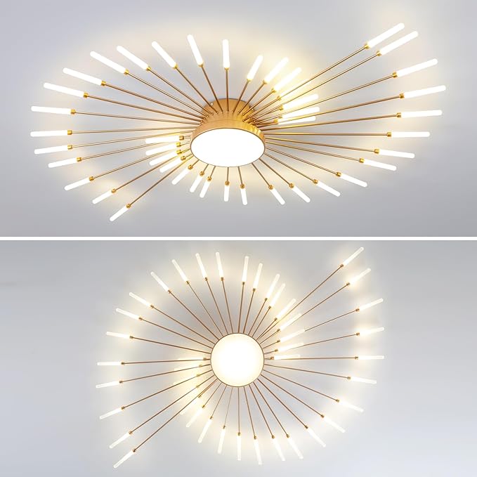 ziidoo Modern Ceiling Light, 42+1 Lights Metal Firework Designed Chic Led Lighting Fixture for Farmhouse Kitchen Dining Room Bedroom Hallway Living Room (Gold and Dark Gold)
