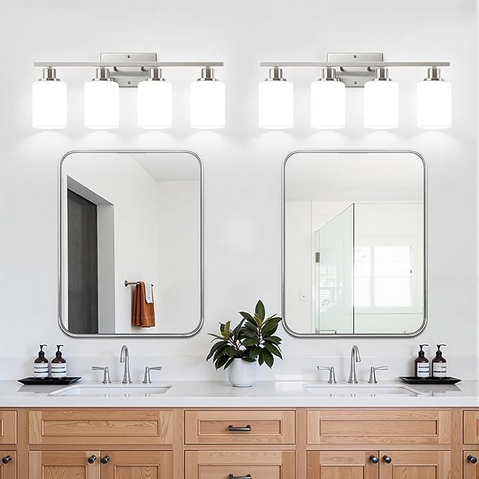 Indoi 4-Light Bathroom Light Fixtures, Brushed Nickel Vanity Lights with Milk Glass Shades, Modern Bathroom Wall Lamp for Mirror Living Room Bedroom Porch