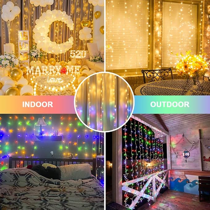 JMEXSUSS 300LED Dual Color Changing Curtain Lights with Remote, 9.8 x 9.8ft Connectable Plug in Christmas String Lights for Bedroom Backdrop Outdoor Decor, Warm White to Multicolor