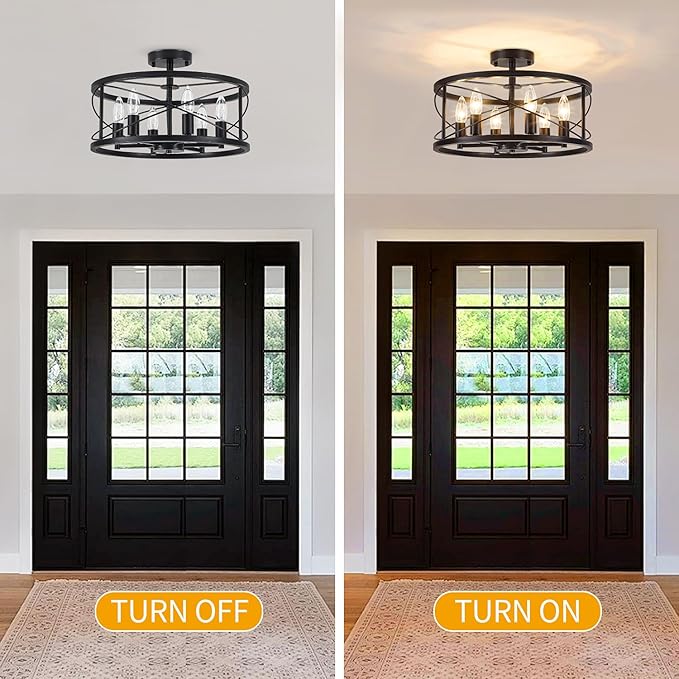 6-Light Black Semi Flush Mount Ceiling Light, 16.53'' Modern Farmhouse Close to Ceiling Light Fixtures, Ceiling Lamp for Hallway Entryway Foyer Dining Room Living Room Bedroom Kitchen Light Fixtures
