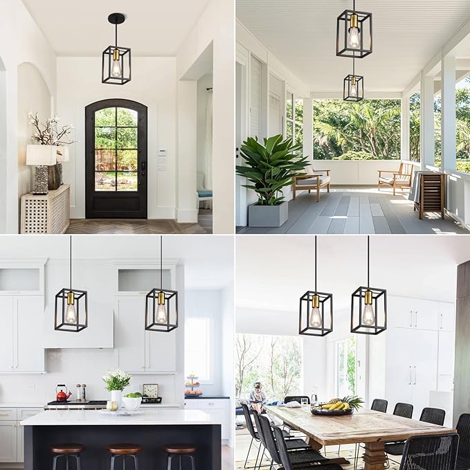 Black Pendant Lights for Kitchen Island Industrial Lantern Pendant Light Fixtures with Golden lamp Cup, Farmhouse Adjustable Height Hanging Pendant Lighting