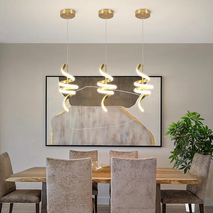 4000K Modern Pendant Light, 15IN Spiral LED Pendant Lights Adjustable Height Black Kitchen Island Fixtures Chandeliers for Dining Room Hanging Lights, 1 Pack (Gold,4000K, Hardwired,2PACKS)