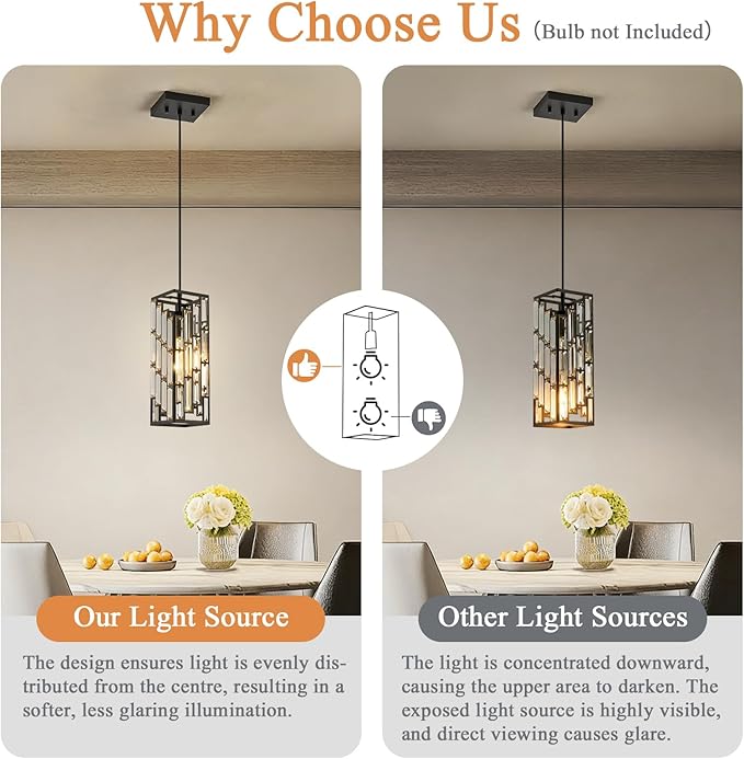 Black Pendant Lights Kitchen Island 2 Pack, Adjustable Modern Pendant Light Fixtures, Mini Crystal Chandeliers for Dining Room Bedroom Foyer Hallway