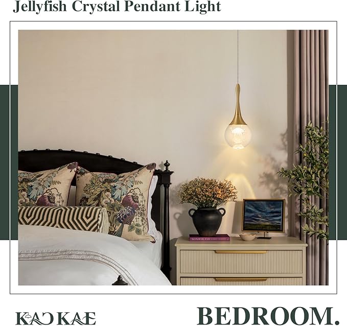 LED Pendant Light Kitchen Island Jellyfish Crystal Pendant Lights Dimmable Gold Modern Hanging Light for Bedroom Bathroom Living Room 3000K Warm White, 1 Pack