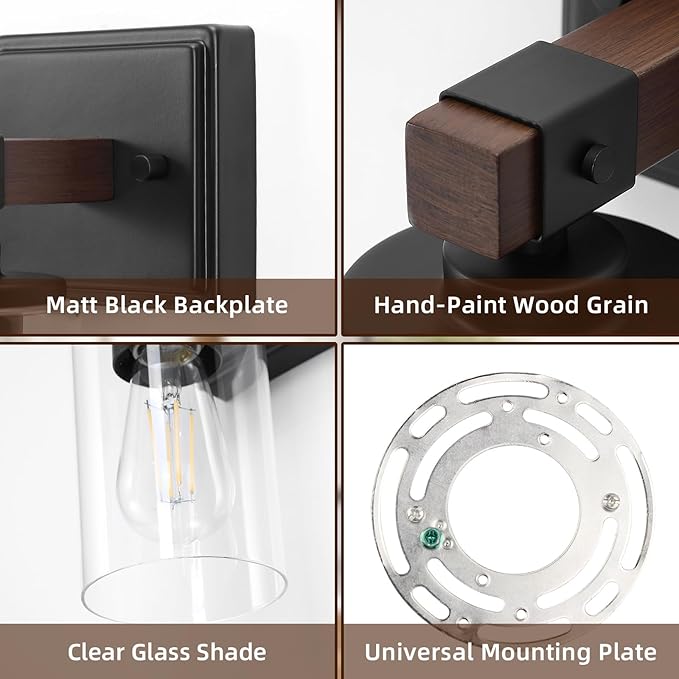 Wall Sconces Set of 2, Farmhouse Rustic Vanity Lights, Dark Brown Wood Grain Rustic Wall Sconce with Clear Glass Shade for Mirror, Bathroom, Bedroom, Hallway, E26, Hardwired(Bulbs Not Included)