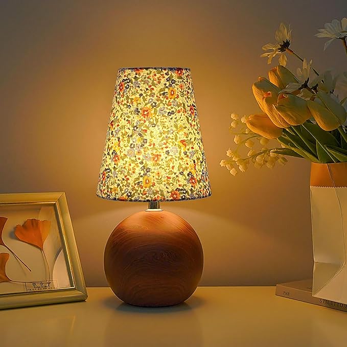 Vintage Wooden Base Fabric Night Lamp, Adjustable Light Color and Brightness with Power-Off Memory, Safe USB Powered, Retro LED Table Light for Bedroom Living Room Office (Floral)