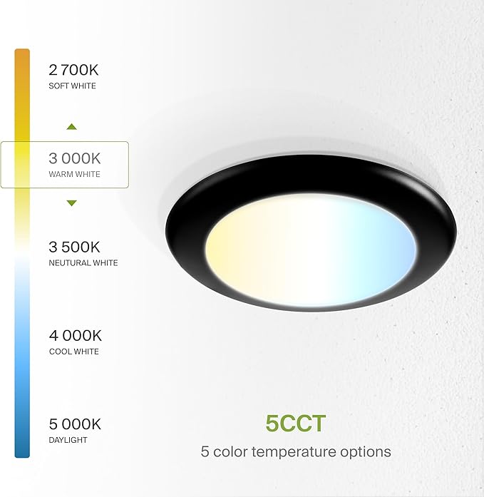 ASD 1 Pack LED Disk Lights 6 Inch, 15W 5CCT 2700K-5000K 1245LM CRI90+, Dimmable Flush Mount Ceiling Light Fixture, Low Profile Surface Mount Disc Lights, Junction Box or Recessed Can Install, UL
