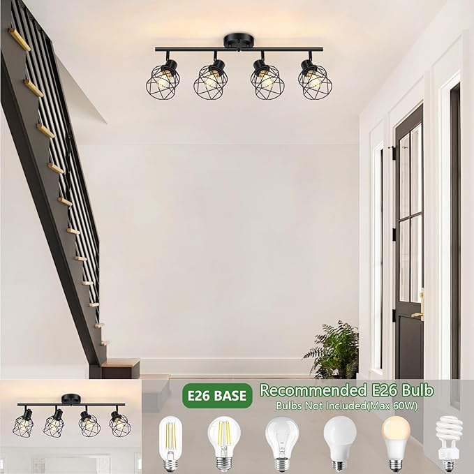 4-Lights Semi Flush Mount Ceiling Light, Adjustable Multi-Directional Light Fixtures, Rotatable Farmhouse Light Fixtures Mount with Metal Cage for Dining Room, Living Room