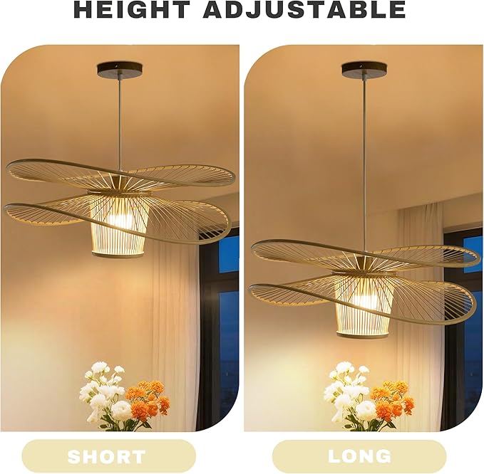 Handmade Bamboo Pendant Light, 3-Tier Boho Woven Chandelier, Modern Ceiling Lamp for Dining Room, Kitchen, Farmhouse Bedroom, E26 Base