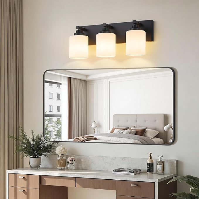 Bathroom Vanity Light Fixture, 3-Light Matte Black Bathroom Light Fixtures Over Mirror with Milky White Glass Shades, Modern Vanity Lights for Bathroom Living Room Hallway (Bulbs Not Included)