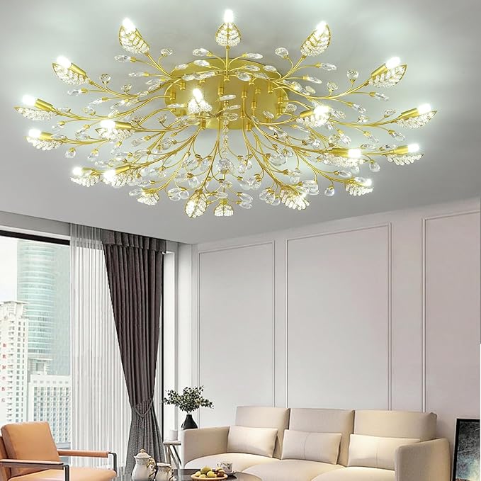Modern Crystal Ceiling Light Fixture Gold Leaves Semi Flush Mount Ceiling Lights,Chandeliers Lighting for Bedroom Living Room Dining Room Kitchen Hallway Foyer