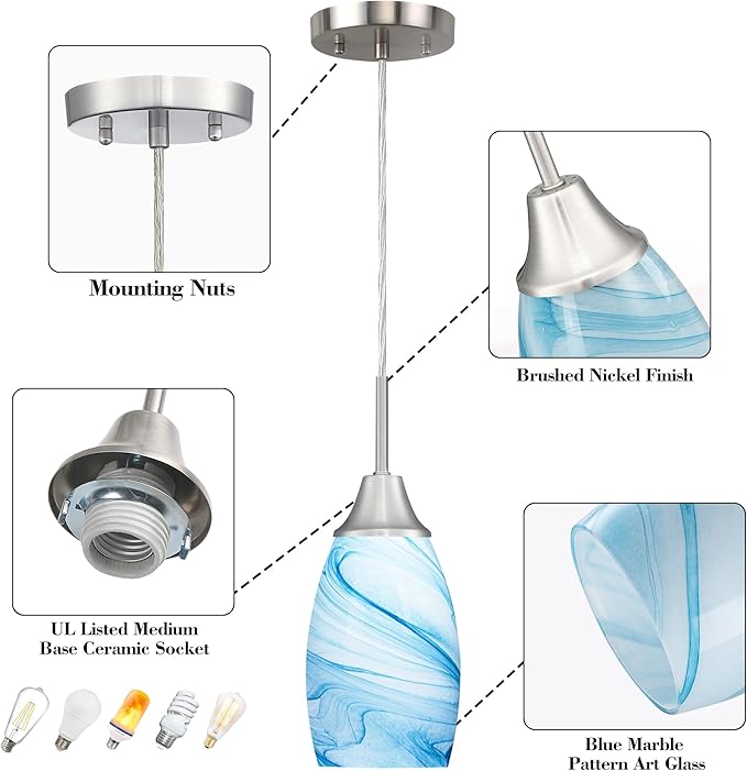 Viinew Mini Glass Pendant Light 1-Pack with Handblown Blue Marble Art Oval Glass Lamp Ceiling Hanging Light 4.72" Small Chandelier for Dining Room Kitchen Foyer Hallway