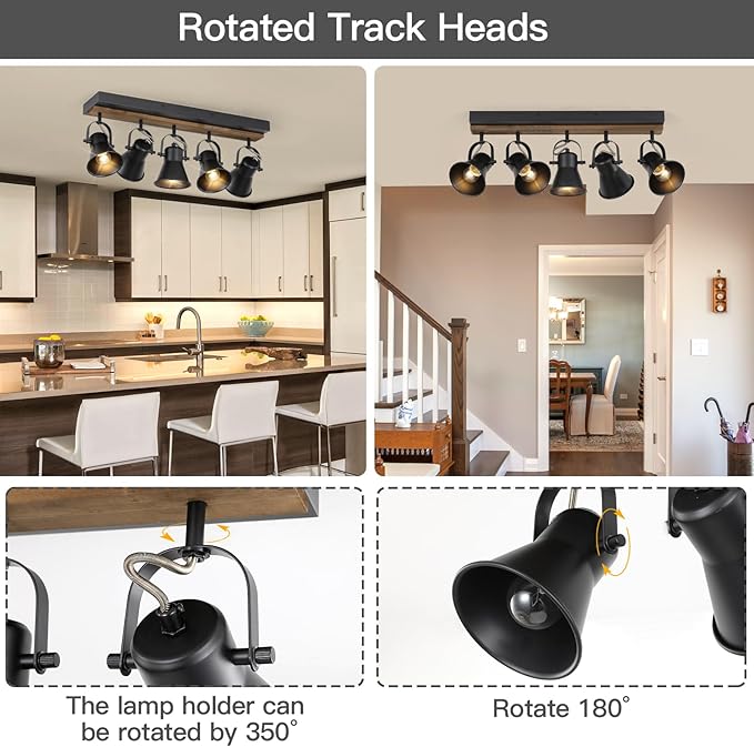 KEESFU 5-Light Track Lighting Kit,Black Semi Flush Mount Ceiling Light with 5 Rotatable Light Heads,Modern Farmhouse Lighting for Livingroom,Bedroom,Hallway,Art Wall,Bathroom,Kitchen.(5-Light)