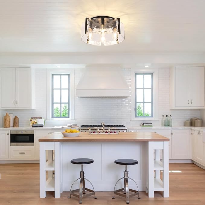 Modern 4-Light Flush Mount Ceiling Light with Hammered Glass Shade, Industrial Close to Ceiling Lighting Fixture in Matte Black for Hallway, Entryway, Bedroom, Kitchen, Dining Room, Living Room, Foyer