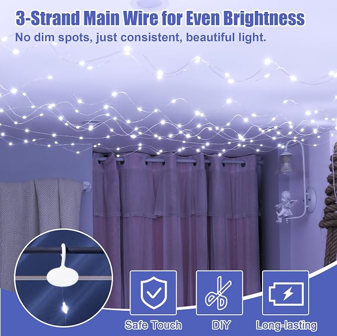 600LED White Curtain Lights for Bedroom, 19.6ft x 9.8ft Fairy Curtain String Light with 24 Hooks, 8 Modes Hanging Lights for Wedding, Party, Backdrop, Window, Xmas Decor