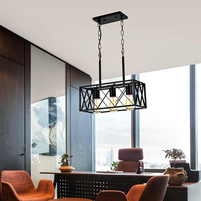 KEESFU Black Farmhouse Kitchen Island Lighting, 3 Lights Pendant Lighting Fixtures, Adjustable Height, Industrial Dining Room Light for Living Room Foyer Dining Table Over Sink.