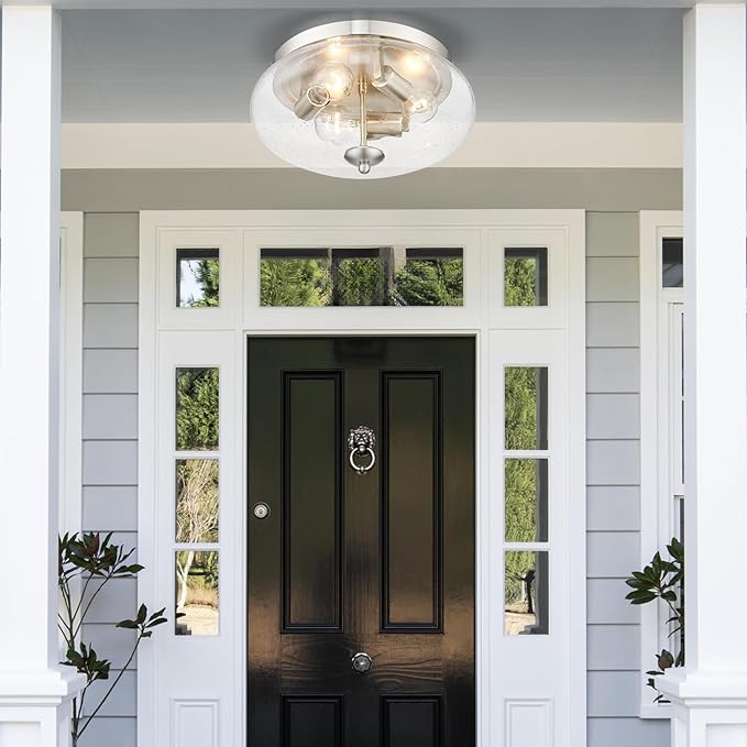Darkaway Large Ceiling Light Fixtures 3-Ight Flush Mount Indoor Outdoor Ceiling Light with Seeded Glass Shade for Hallway Kitchen Bedroom Porch Living Room Dining Room Nickel Finish