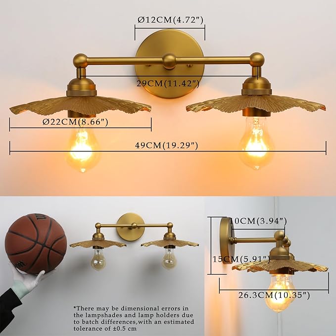 Phansthy Hardwired Wall Lighting, Barn Wall Sconces Antique Brass Indoor Wall Lights with Hammered Metal Lotus Leaf Texture Shade, Vanity Wall Lamp for Bathroom Bedroom Kitchen (Two-Light 1 Pack)